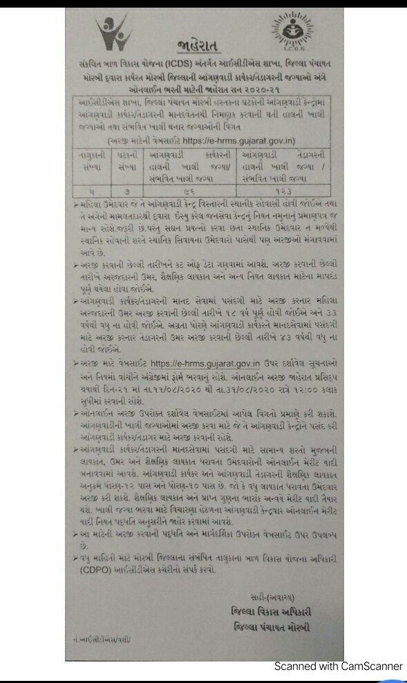 Morbi Anganwadi Advertisement  Bharti  2020